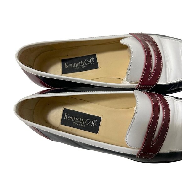 90s Kenneth Cole Spectator Penny Loafers Leather 7.5 Navy White Burgundy - Picture 7 of 9